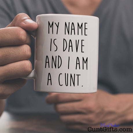 My name is - Personalised Cunt Mug held in grey t shirt
