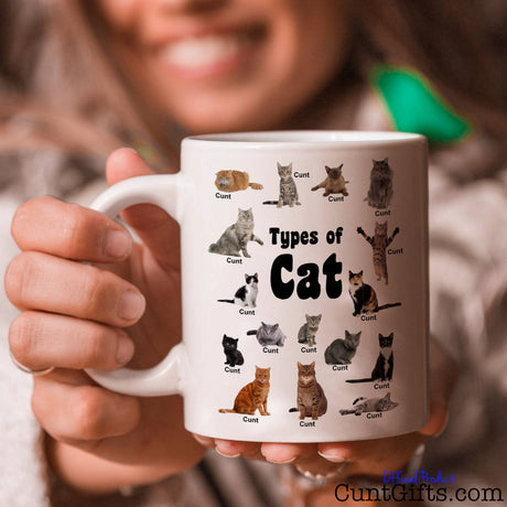 Types of Cats Cunt Mug held with a smile