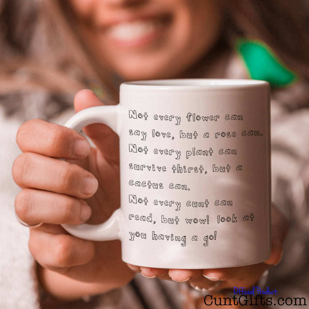 Wow cunt - Mug held with a smile