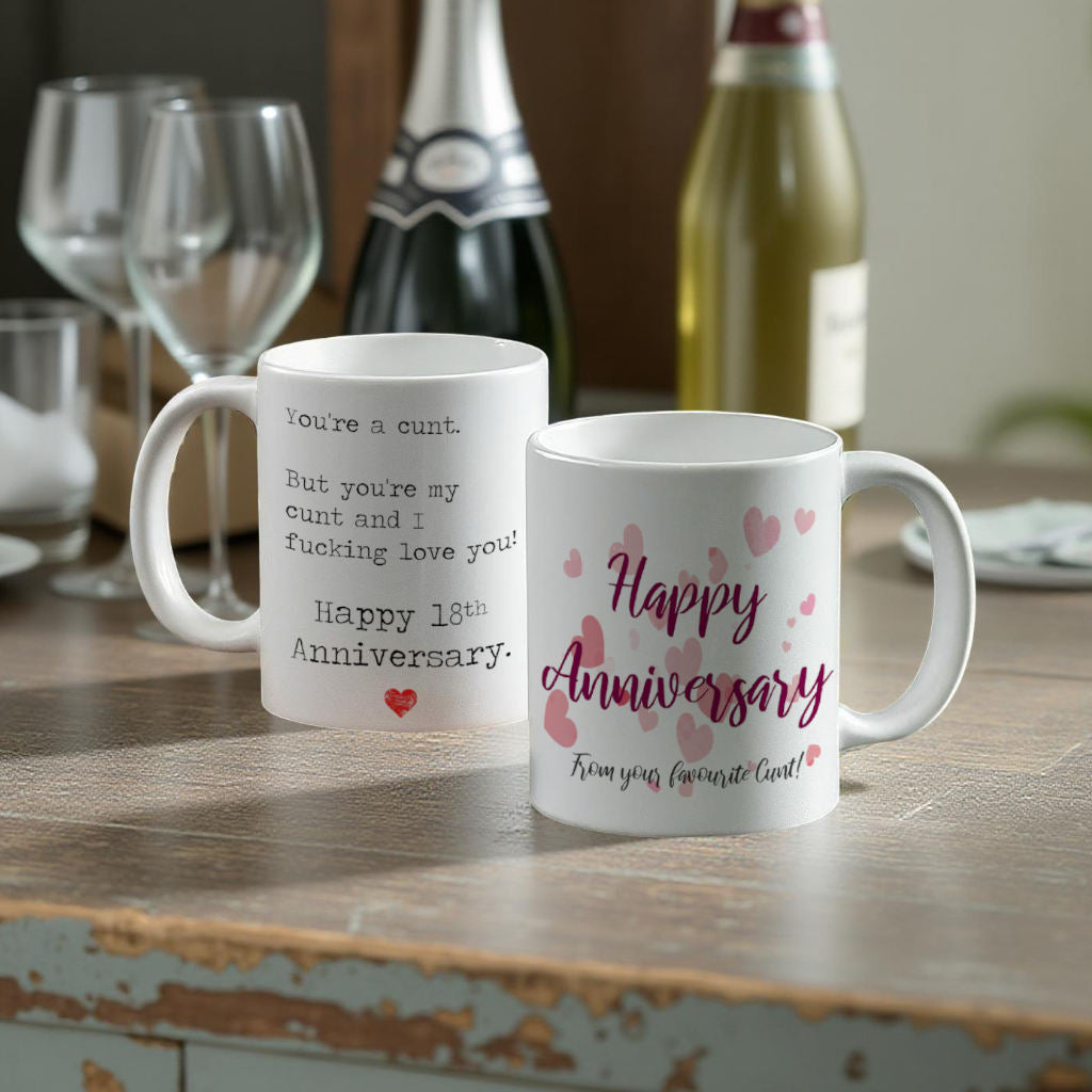 Funny anniversary cunt mugs – cheeky and rude designs for celebrating relationships over a cuppa.