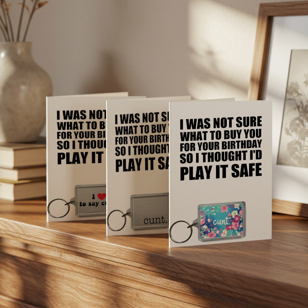 It’s card and gift in one with our cunt card and detachable key ring combos