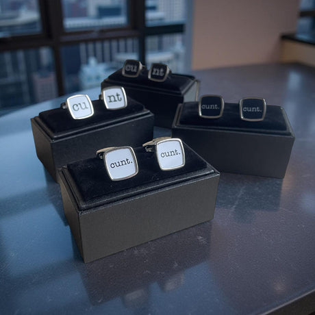 Funny rude cufflinks with the word "cunt" – a cheeky gift idea for him