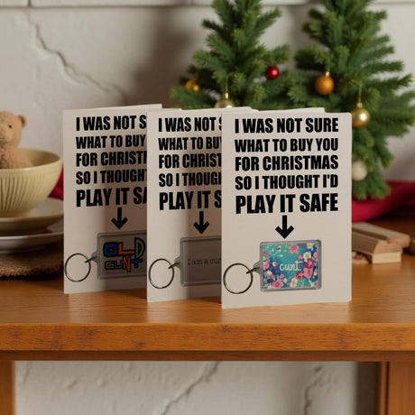 It’s a Christmas Card and Gift in One with our cunt card and keyring combo’s