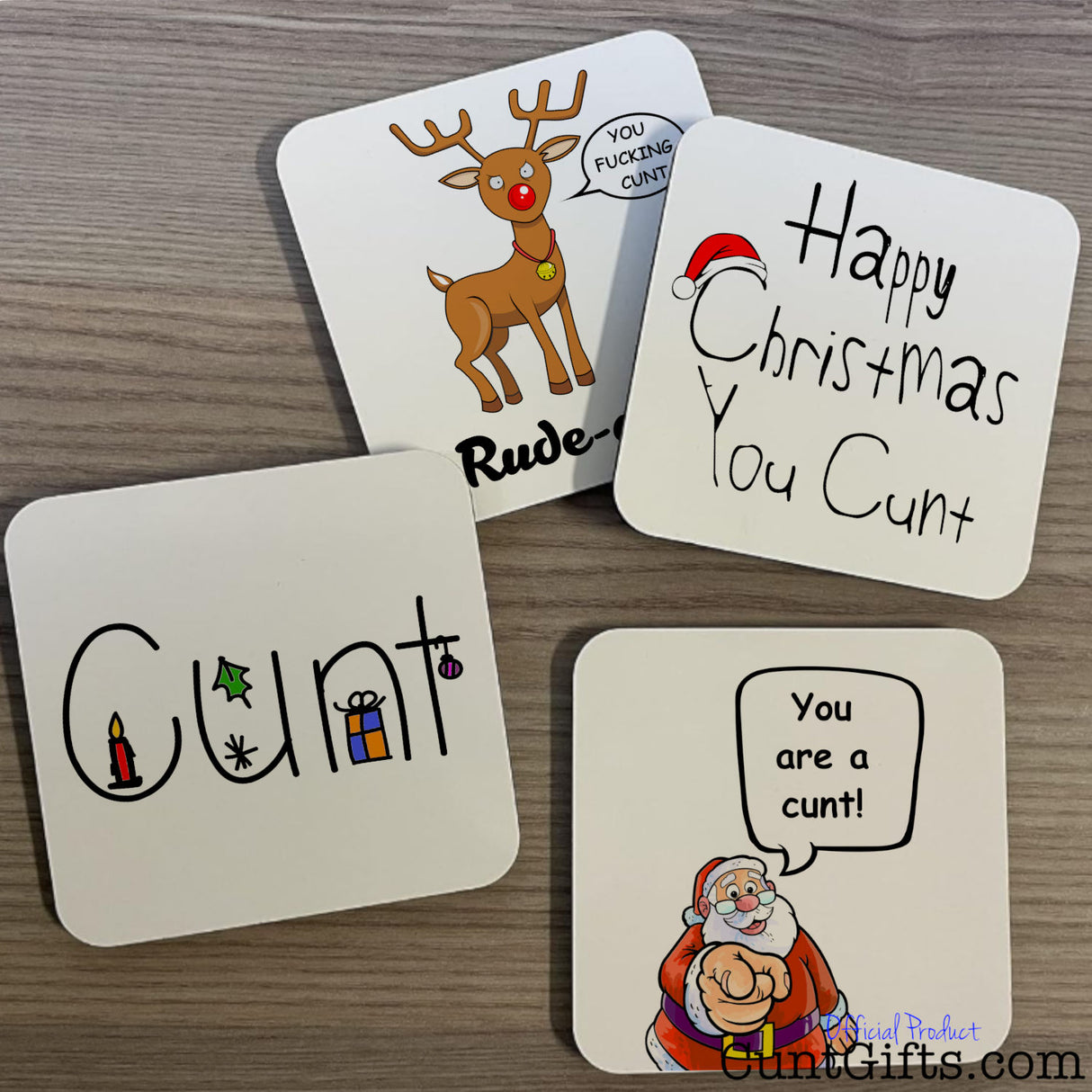 4-Pack Christmas Drink Coaster Saver Deal on table overlapped 