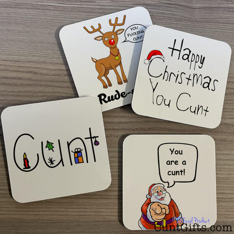 4-Pack Christmas Drink Coaster Saver Deal on table overlapped 
