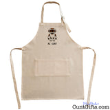 Full-length natural linen AI Cunt cooking apron with rude robot design, adjustable neck strap and waist ties.