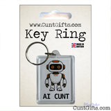 Rectangular AI Cunt acrylic keyring featuring an orange-eyed cartoon robot, displayed on CuntGifts branded packaging.