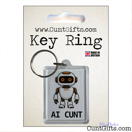 Rectangular AI Cunt acrylic keyring featuring an orange-eyed cartoon robot, displayed on CuntGifts branded packaging.