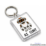 Transparent rectangular AI Cunt keyring with metal split ring, featuring an orange-eyed cartoon robot and bold black lettering.