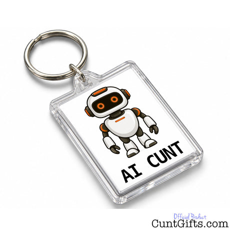 Transparent rectangular AI Cunt keyring with metal split ring, featuring an orange-eyed cartoon robot and bold black lettering.