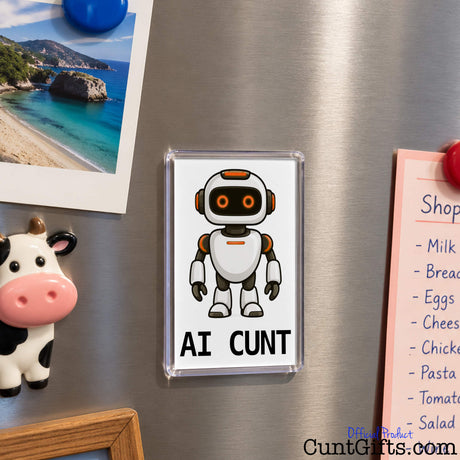 AI Cunt fridge magnet featuring an orange-eyed cartoon robot attached to a refrigerator door.