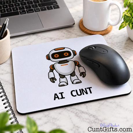 AI Cunt mouse mat featuring an orange-eyed robot design with a black computer mouse beside a laptop and coffee mug on a wooden desk.