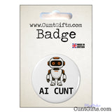 AI Cunt pin badge featuring a cartoon robot with orange eyes, displayed on CuntGifts branded packaging.