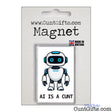 AI Is a Cunt fridge magnet featuring a blue-eyed cartoon robot, displayed on CuntGifts branded packaging.