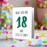 Card with text 'WOW! YOU ARE 18 AND STILL A CUNT!' on a colourful confetti background.