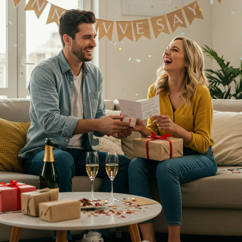 Cunt themed anniversary cards and gift collection - A couple celebrating an anniversary with a gift exchange in a cozy living room.