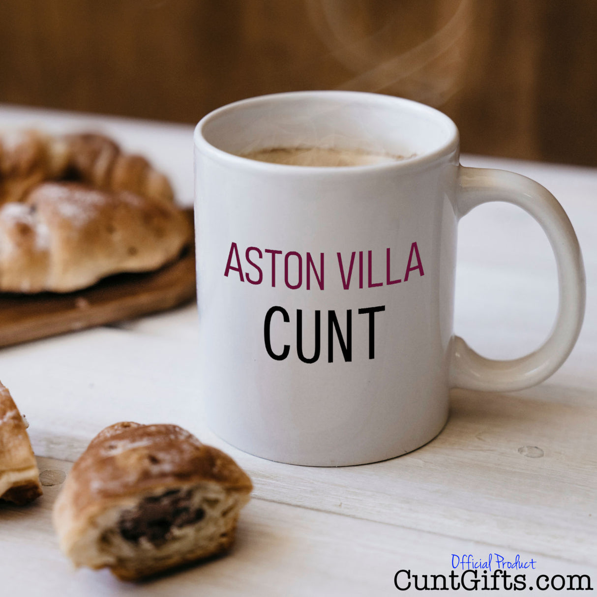 Aston Villa Cunt Mug with coffee and croissants