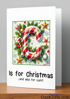 C is for Christmas and also for cunt - Christmas Card on wooden shelf