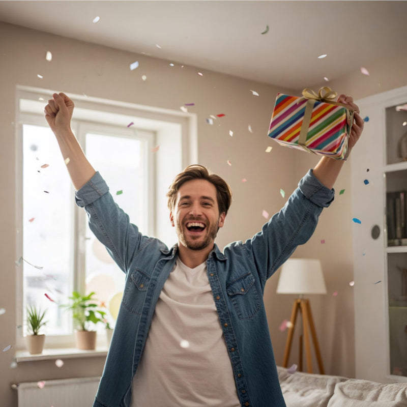 The Congratulations Cunt Cards and Gifts Collection - A man celebrates with his arms in the air holding a wrapped present.