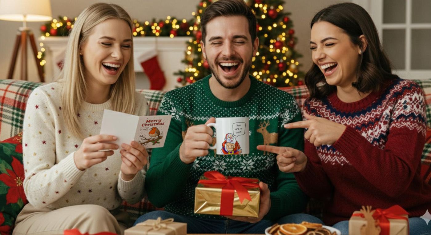 Christmas Cunt Gifts Homepage Sitting on sofa with mug and card laughing