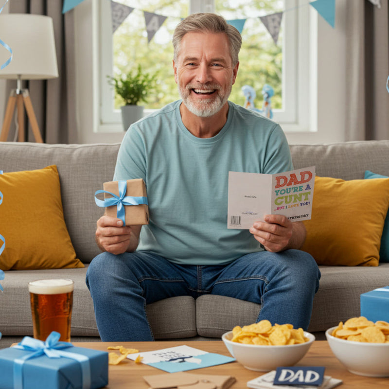 Dad sitting on a couch holding a cunt card and gift on Father's Day, with snacks and drinks on a table in front of him.