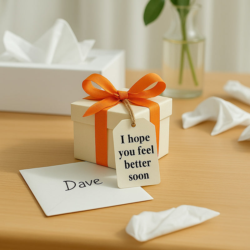 Get well soon cards and gifts that feature the word cunt - A small gift box with orange ribbon and 'I hope you feel better soon' tag on a wooden surface.