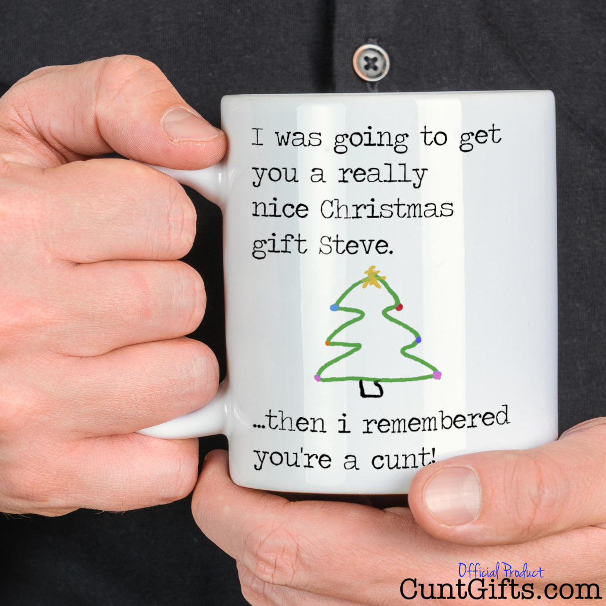 I remembered you're a cunt - Christmas Mug held by man in black shirt