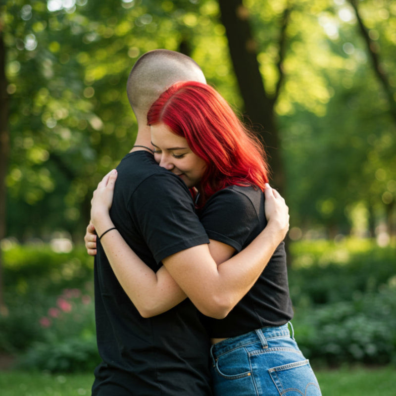 Mental health-themed cunt gifts. Two people hugging in a park with greenery in the background.