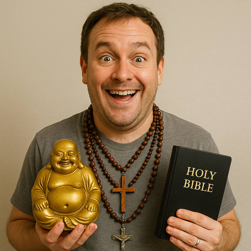 Religion-themed cunt cards and gifts. A man holding a gold Buddha statue and a black Holy Bible against a plain background