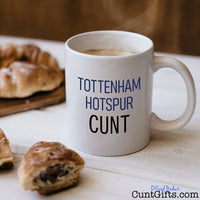 Tottenham Hotspur Cunt Mug with coffee and pastries