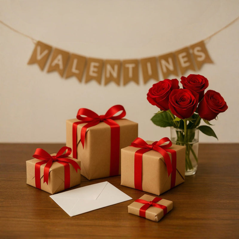 Valentine's Cunt Cards and Gifts sitting on wooden table with banner and roses.