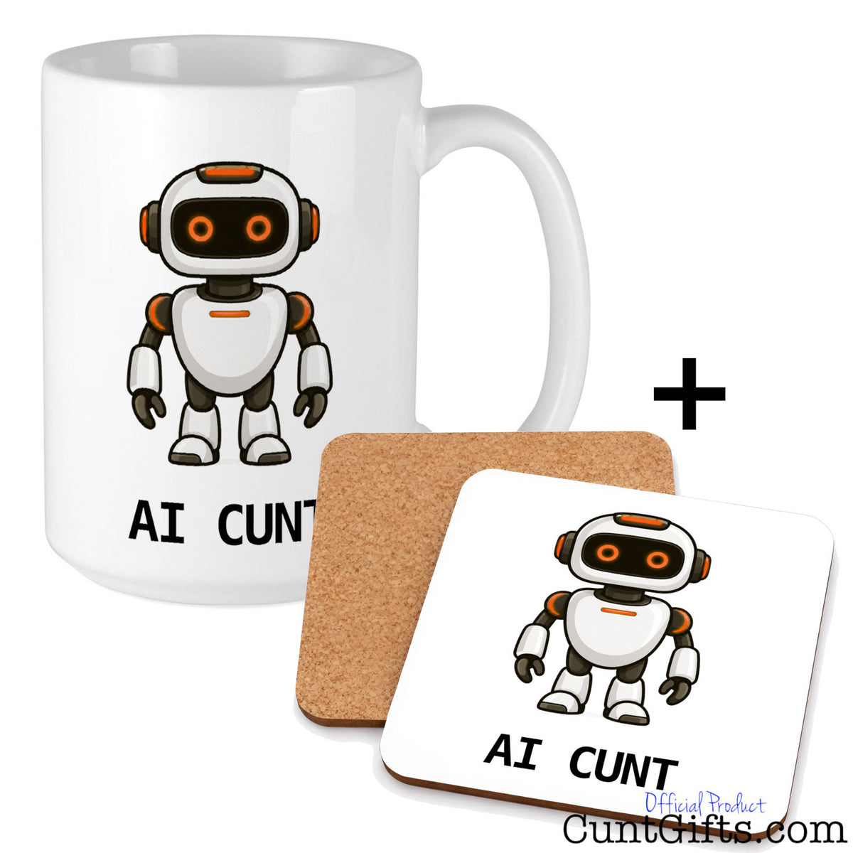 AI Cunt ceramic mug displayed with a matching drink coaster, both featuring an orange-eyed cartoon robot.