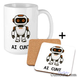 AI Cunt ceramic mug displayed with a matching drink coaster, both featuring an orange-eyed cartoon robot.