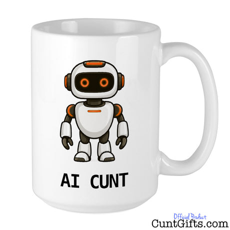 White ceramic AI Cunt mug featuring an orange-eyed cartoon robot and bold black lettering.