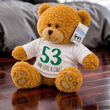 A brown plush personalised teddy bear wearing a white T-shirt with green and black text reading '53 AND STILL A CUNT!', sitting on a wooden floor with a grey sofa in the background.