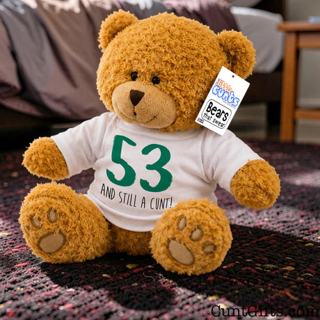 A plush brown personalised teddy bear wearing a white T-shirt with green and black text reading '53 AND STILL A CUNT!' sits on a patterned carpet in a home setting.