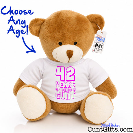 ANY Years of Being a Cunt - personalised birthday teddy bear with pink writing version 2.