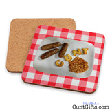 Breakfast Cunt drinks coaster showing both sides.