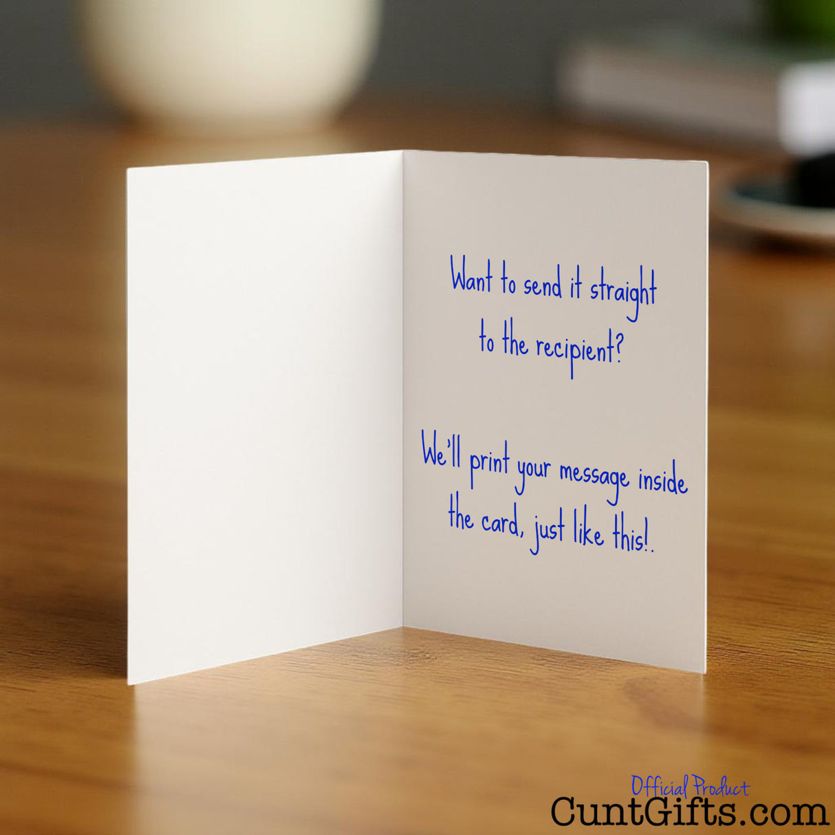 Cunt card opened showing a personalised message inside with blue writing.