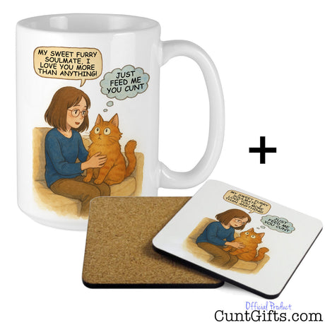 Cat - Just Feed Me You Cunt - Cunt Mug and drink coaster showing cork back
