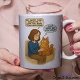 Cat - Just Feed Me You Cunt - Cunt Mug held by woman in pink blouse