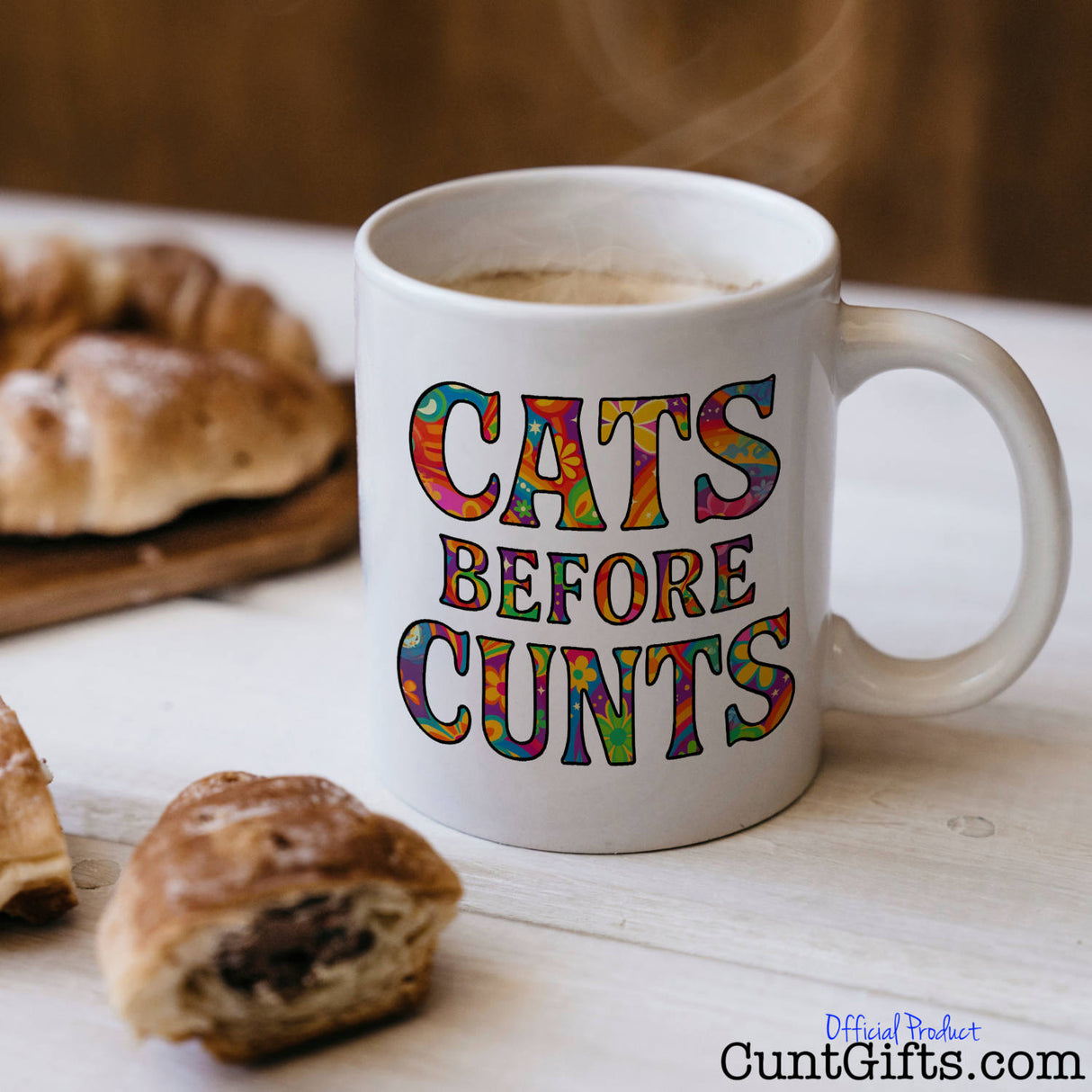 Cats Before Cunts - Mug on table with pastries