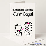 Rude and hilarious wedding or engagement card that says "Congratulations Cunt Bags" – for couples who can take a joke, from Cunt Gifts