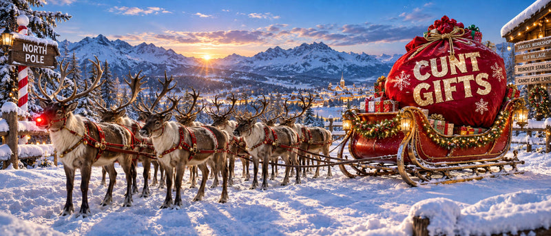 The Cunt Christmas Cards and Gifts Department - A festive snowy mountain scene at sunset with a team of reindeer pulling a sleigh carrying a large red gift sack that reads “CUNT GIFTS,” with snow-covered peaks and a village in the background.
