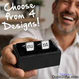 Cunt Cufflinks - CU and NT design held by a smiling man with stubble in white shirt. Text says choose from 4 designs of cufflinks.