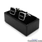 Cunt Cufflinks - black design in presentation gift box at angle. 