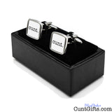 Cunt Cufflinks -  white design in presentation gift box at angle. 