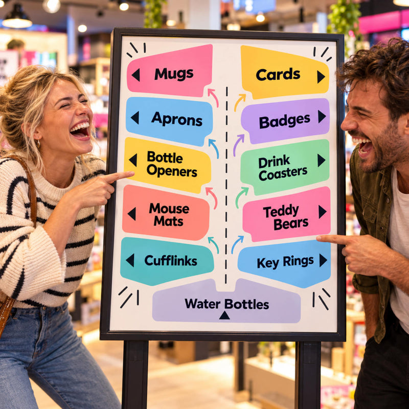 Colourful shop directory showing different types of cunt gifts with two people laughing