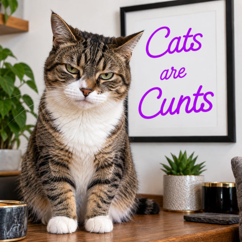 Cunt pets and animals department. A cat is sitting on a desk in front of a sign that says cats are cunts.