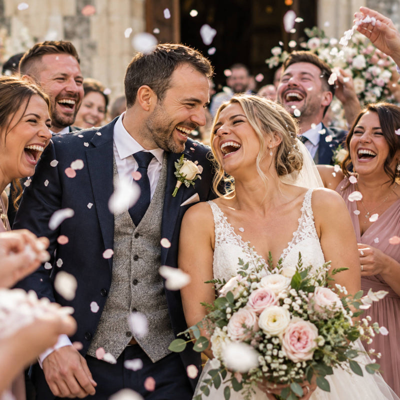 Cunt wedding cards and gifts - A smiling bride in a white lace wedding dress and a groom in a navy suit walk outdoors while guests throw pink and white confetti. The bride holds a bouquet of pink and white flowers.